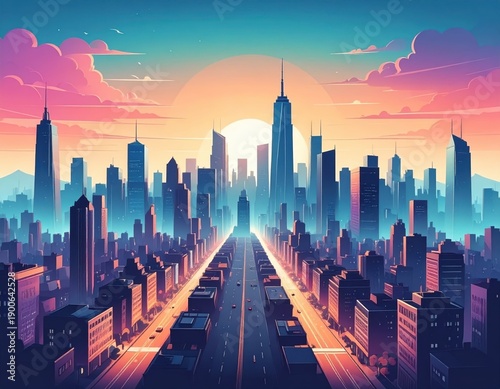 Vibrant Sunset Over Modern City Skyline with Colorful Clouds