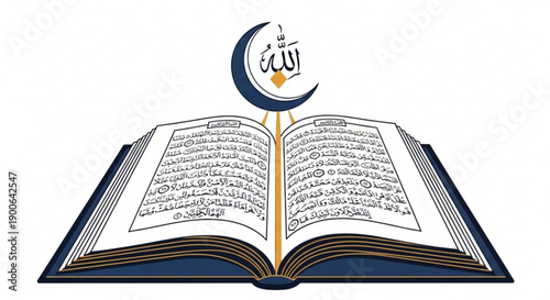 Islamic Quran Book with Crescent Moon Symbol on White Background