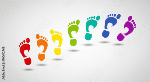 Colorful Footprints Leading Forward on White Background