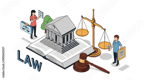 Comprehensive isometric illustration of legal principles, featuring a courthouse atop a law book, scales of justice, a gavel, and legal professionals.