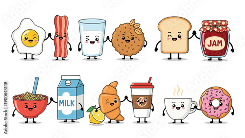 Adorable collection of cute cartoon breakfast food characters, including a fried egg, bacon, milk, and toast, all cheerfully holding hands.