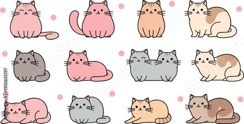 Cute pastel cat illustration set with chubby kittens in sitting and lying poses in flat vector kawaii style for kids and pet design