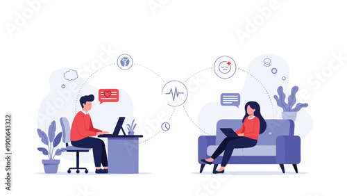 Illustrative scene of remote therapy or an online medical consultation, showing a man and a woman connecting via laptops, emphasizing virtual healthcare and communication.