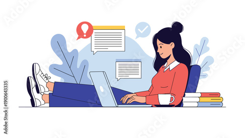 Young woman works comfortably and efficiently from home on her laptop, surrounded by stacks of books and lush green plants, embodying remote work productivity.
