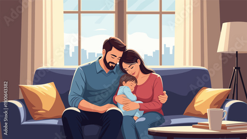 Happy young family, consisting of parents and their baby, shares a tender moment cuddling together on a comfortable sofa in a cozy living room.