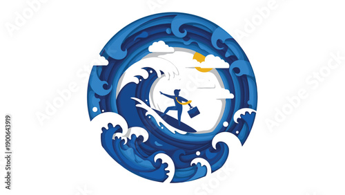 Dynamic paper cut illustration showing a determined businessman surfing a powerful ocean wave, symbolizing challenge and success in a circular layered design.
