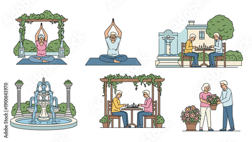 Active elderly individuals enjoying various leisure activities in a park, including yoga, competitive chess games, and tending to flowers.