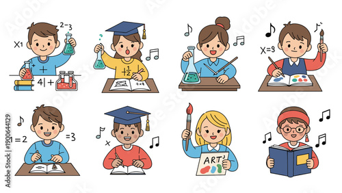 Diverse group of happy children actively engaged in various school subjects, including math, science experiments, musical activities, and creative art.