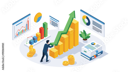 Businessman actively driving business growth, pushing up a rising bar chart surrounded by financial data, coin stacks, and important documents.