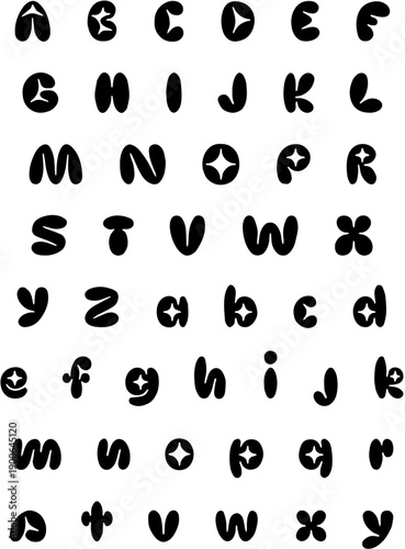 Y2K aesthetic bubble alphabet with sparkles, retro 2000s starry font vector