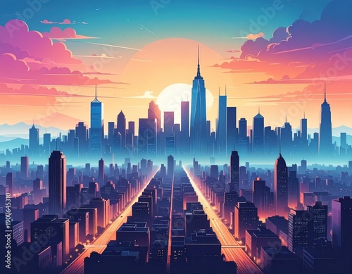 Vibrant Sunset Over Urban Skyline with Silhouetted Cityscape