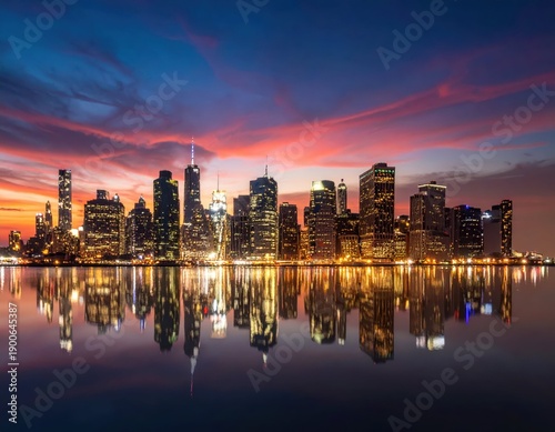 Stunning City Skyline Reflection at Dusk with Colorful Sunset Glow