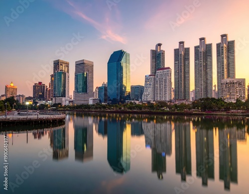 Stunning Cityscape Reflection at Sunset in Modern Urban Skyline