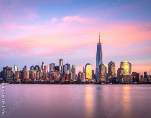 Serene City Skyline at Dusk with Vibrant Sky and Reflections