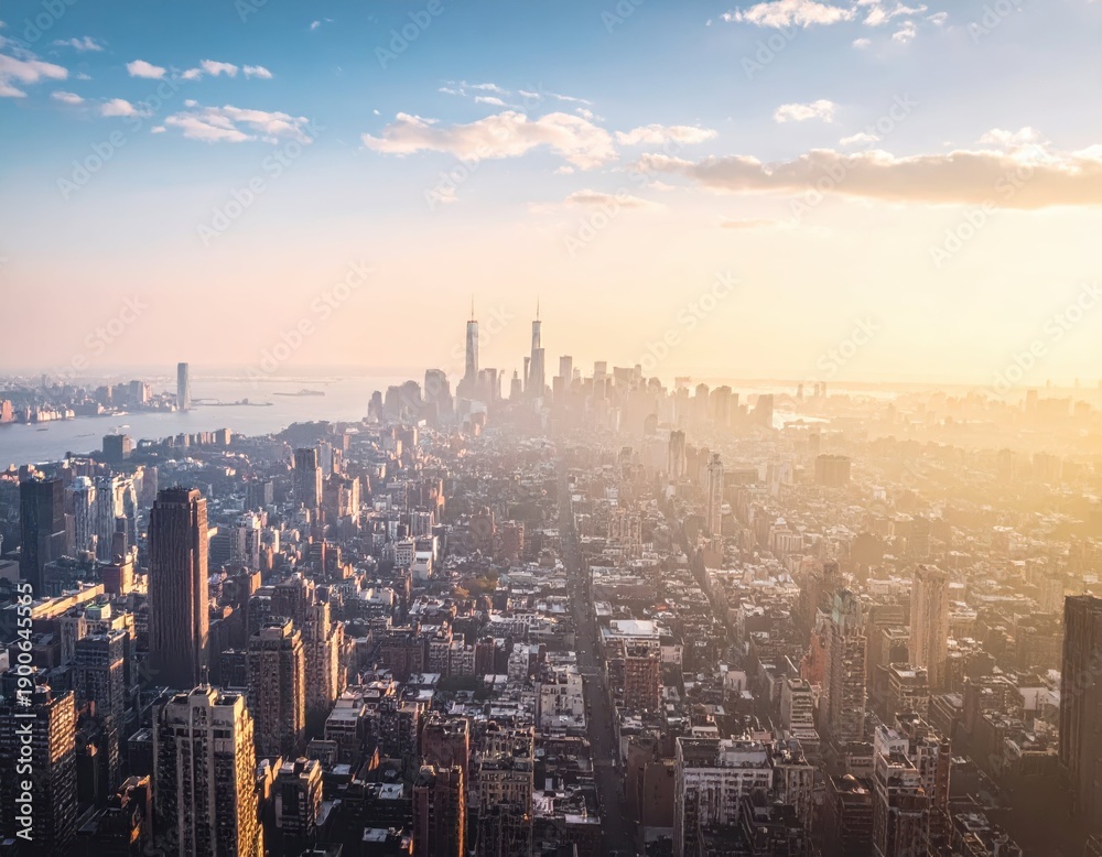 Obraz premium Sunrise Over New York City Skyline with Soft Morning Light