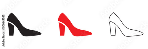High Heel Shoe Icons Collection. Minimal vector illustration showing black, red, and outlined high heel shoes, representing fashion, elegance, and feminine style concepts.

