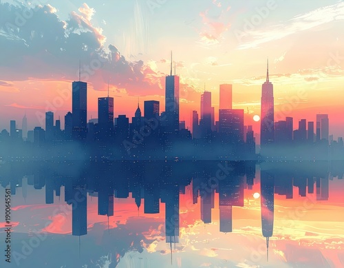 Stunning City Skyline at Sunset with Reflections on Water Surface