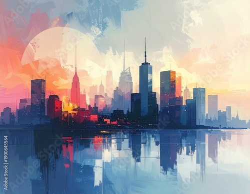 Vibrant City Skyline at Dusk with Colorful Reflections in Water