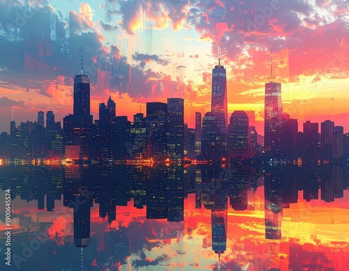 Vibrant Sunset Reflection Over City Skyline with Dramatic Colors
