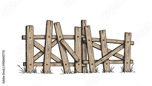 Rustic wooden fence post and rail design, weathered and broken, with green grass at the base, evoking a sense of age and rural charm.