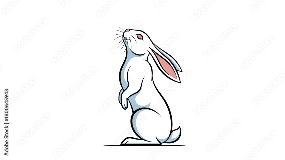 Obraz premium Dynamic illustration of a white rabbit standing on its hind legs, looking skyward with distinctive pink ears and red eyes, isolated on a clean white background.