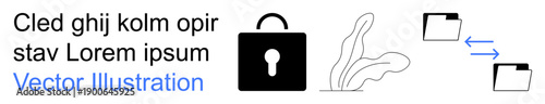 Data security, information protection, file sharing, digital privacy, encryption, secure storage. Black lock, file transfer with arrows abstract elements. Data security and information protection
