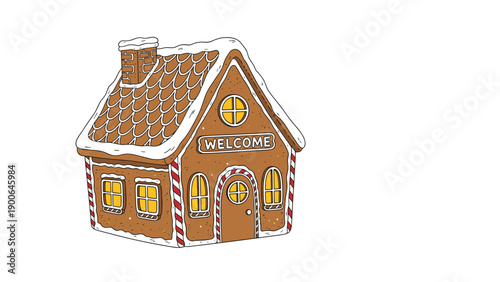 Festive gingerbread house illustration, generously dusted with snow, featuring a welcoming "WELCOME" sign, glowing windows, and cheerful candy cane striped pillars.