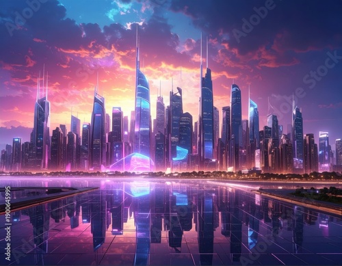 Futuristic City Skyline at Sunset with Reflective Water Surface