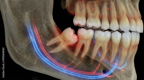 Wallpaper Mural Radiographic view illustrates impacted wisdom teeth impinging upon mandibular nerve pathways within the human jaw structure. Torontodigital.ca