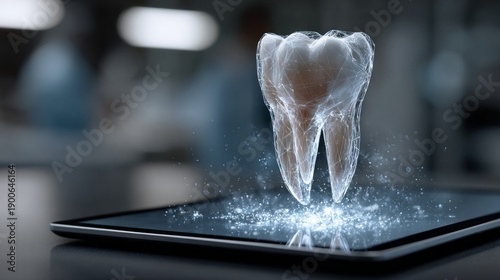 Wallpaper Mural A stunning three-dimensional projection of tooth anatomy hovers above a sleek tablet, showcasing the complex structure of a tooth in vivid detail Torontodigital.ca