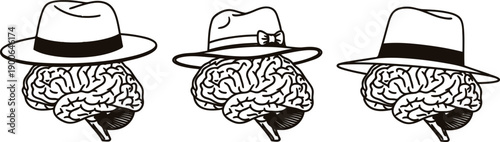 Blackandwhite illustration of brains wearing different types of hats on lollipops  symbolizing cleverness and fun