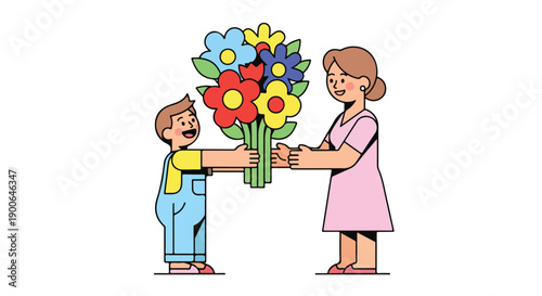Cartoon illustration of a smiling boy giving a bouquet of colorful flowers to a woman in a pink dress against a clean white background.