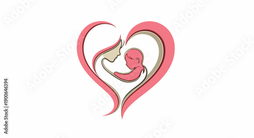 A minimalist logo illustration of a mother and child forming a heart shape with pink and gold lines on a white background.