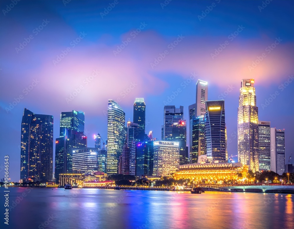 Fototapeta premium Stunning City Skyline at Night with Colorful Lights and Reflections