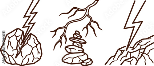 Line drawing of lightning striking rocks and zen stones  isolated on transparent background