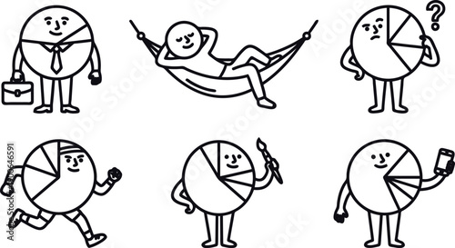 Pie chart characters in various activities and professions  business leisure and hobbies