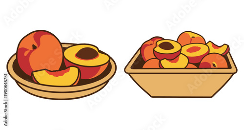 Fresh ripe peaches halved and whole in bowls on transparent background