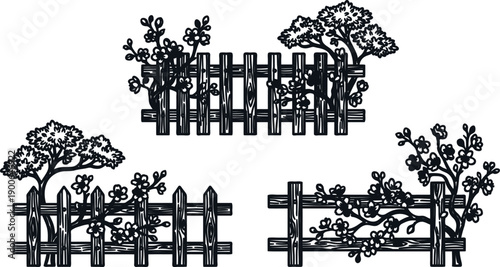 Wooden fence with trees and flowers on white background  garden fence line  fence with plants growing over it