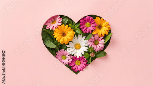 Colorful flowers arranged in a heart shape on a pink background during daylight hours st valentine's day mothers day womens day