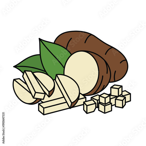 Cassava root whole and sliced into wedges and cubes with green leaves vector illustration