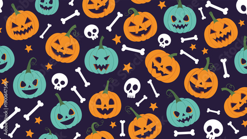 Spooky seamless Halloween pattern featuring scattered pumpkins in orange and teal hues, alongside skulls and bones, set against a dark blue-purple background.