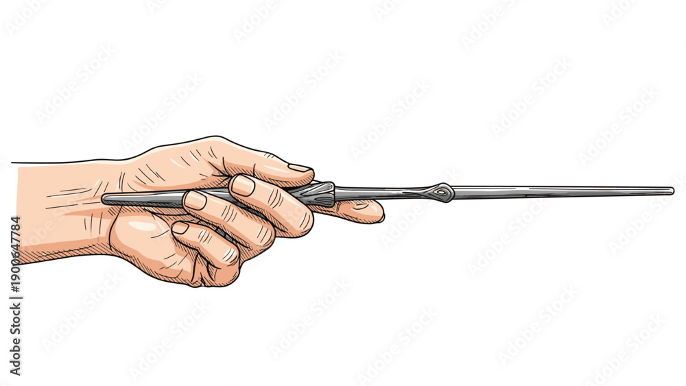 Obraz premium Detailed illustration of a human hand firmly grasping a slender magic wand, rendered in a classic vintage etching or traditional woodcut style.