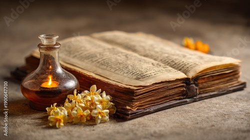 sanskrit. An ancient Sanskrit manuscript open beside an oil lamp and jasmine petals. event programs, museum guides, designed for cultural heritage projects and event programs.