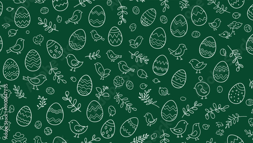 Charming seamless chalk drawing pattern featuring whimsical Easter eggs, cute birds, and delicate leaves, all on a rustic dark green chalkboard-like background.