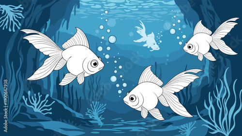 Vibrant underwater scene featuring graceful goldfish swimming amidst shimmering bubbles, surrounded by intricate blue coral, aquatic plants, and dark blue rock formations.