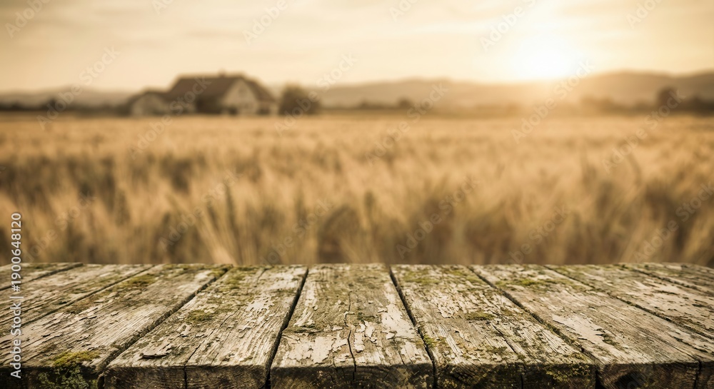 Obraz premium Rustic Wooden Table with Golden Wheat Field and Sunset Background.