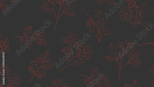 Rustic seamless pattern featuring delicate red outline berries and branches, creating an elegant autumnal motif with a hand-drawn feel on a dark gray background.