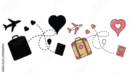 A colorful illustration of travel and love with suitcases and hearts