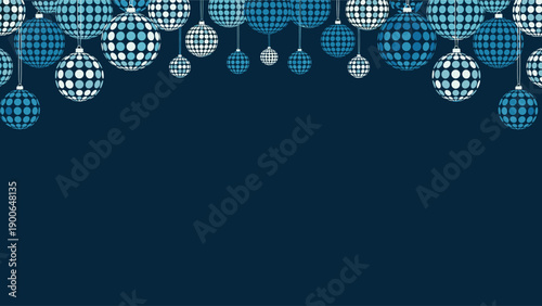 Festive dark blue background featuring a top border of sparkling disco-ball-like Christmas ornaments, adorned with blue and white polka dot patterns, perfect for holiday celebrations.