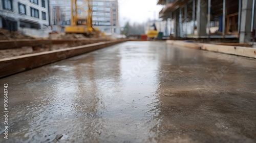 Wallpaper Mural Freshly poured wet concrete glistens on a construction site with building structures and a yellow crane visible in the background Torontodigital.ca